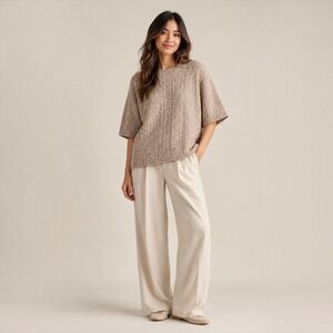 XS Oatmeal Beige Cable Knit Short Sleeve Wool Blend Oversized Minimalist Sweater
